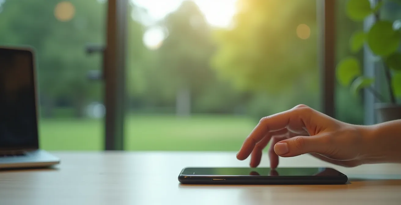 Personne posant symboliquement son téléphone sur un bureau pour sortir vers un parc visible par la fenêtre