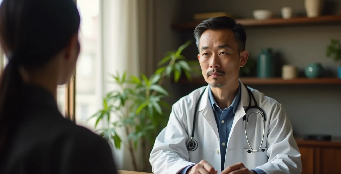 Praticien de médecine traditionnelle chinoise observant les signes diagnostiques sans contact direct