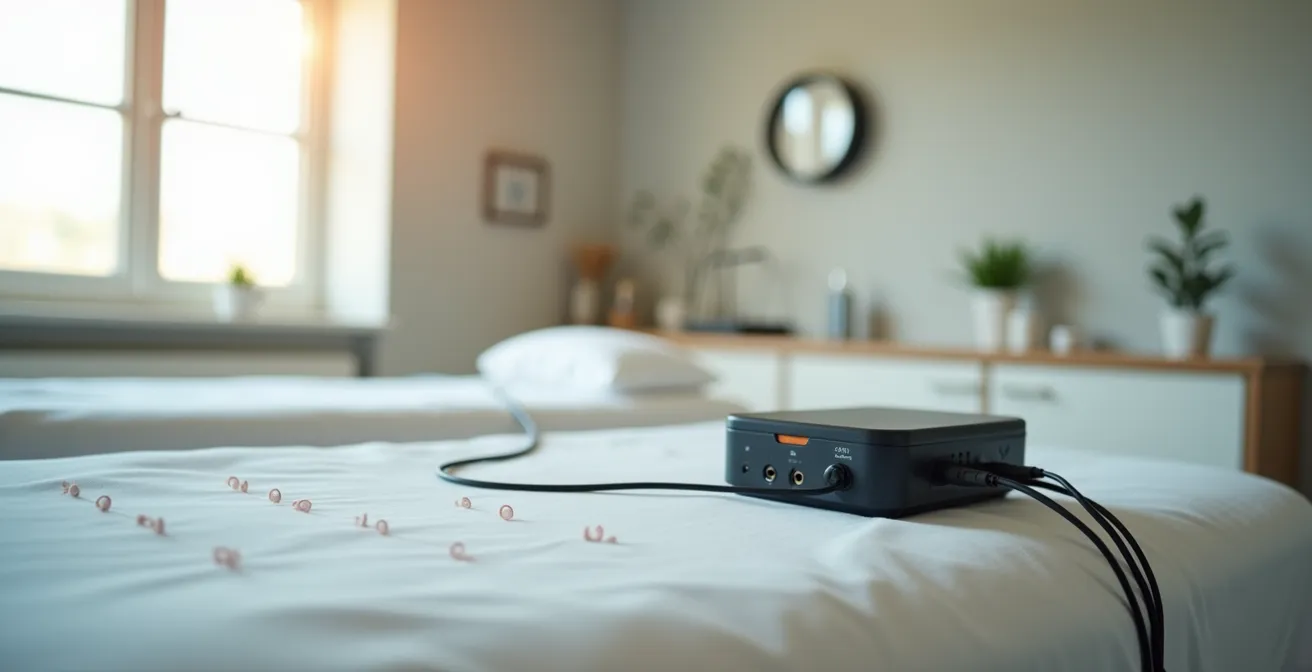 Séance d'électroacupuncture avec appareil de stimulation moderne et aiguilles connectées