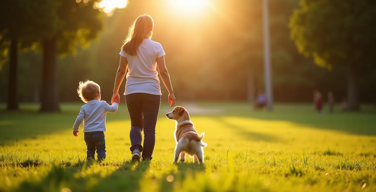 Parent et enfant observant ensemble un chien à distance sécurisante dans un parc