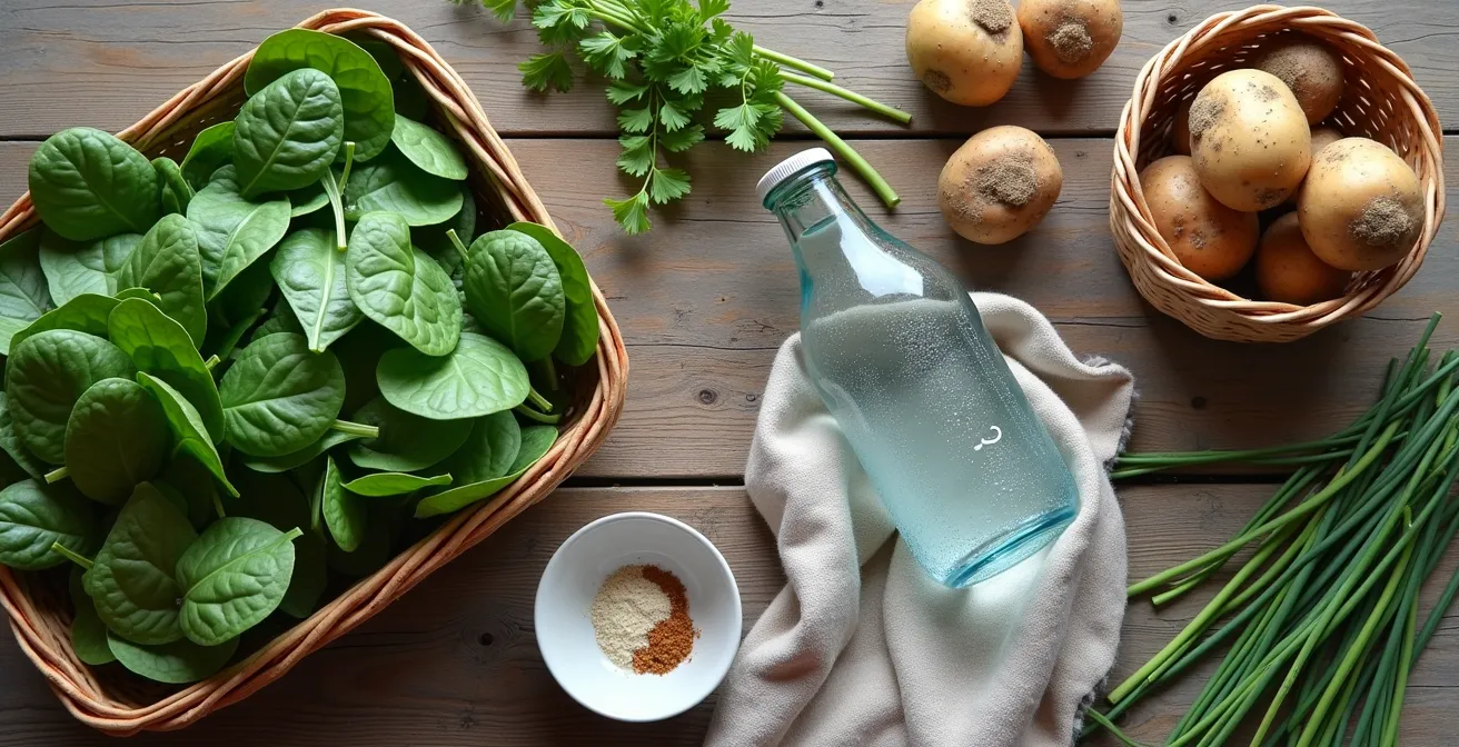 Arrangement visuel d'aliments alcalinisants typiquement français sur une table en bois naturel