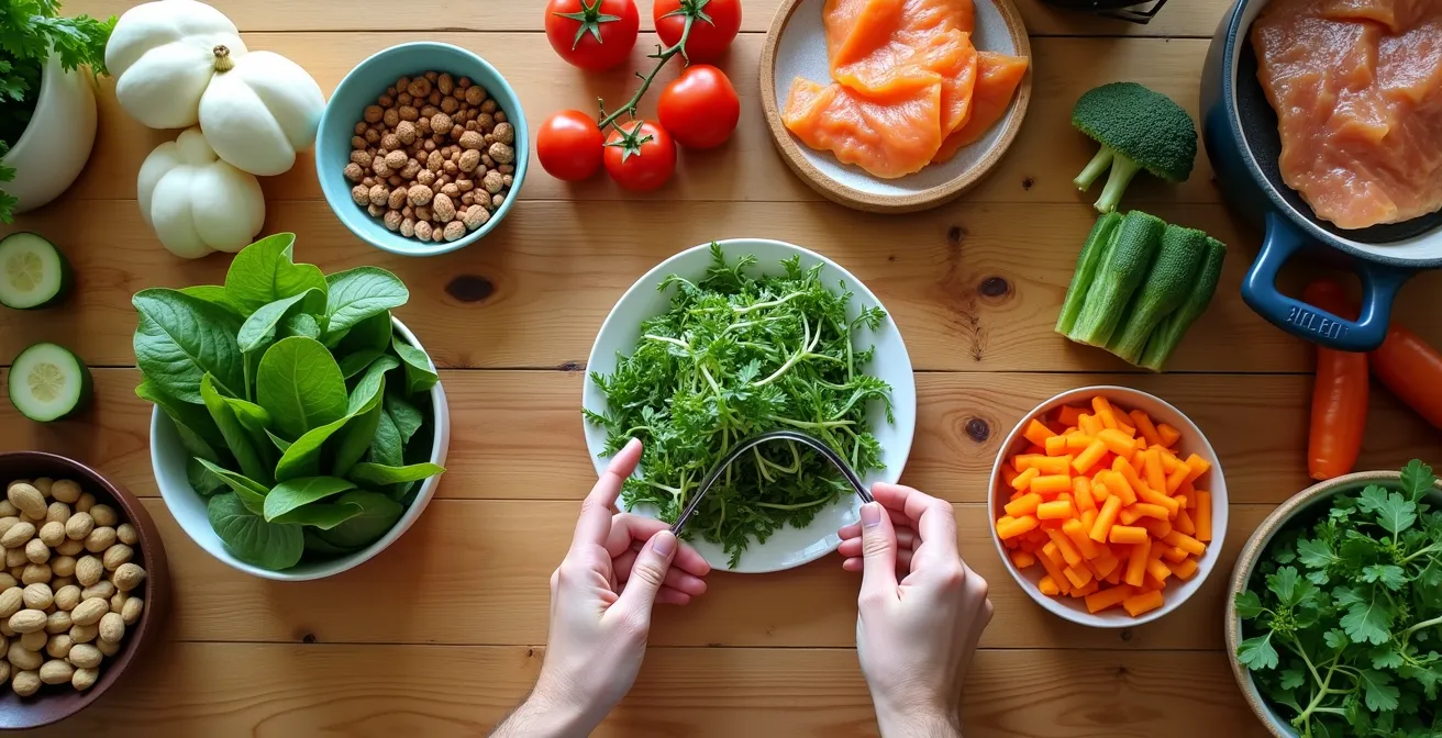 Vue aérienne d'une table avec aliments sains et mains préparant un repas équilibré