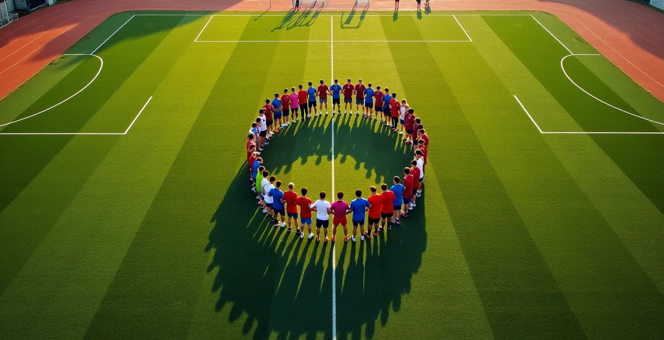 Équipe sportive amateur en cercle avant un match dans un stade municipal français