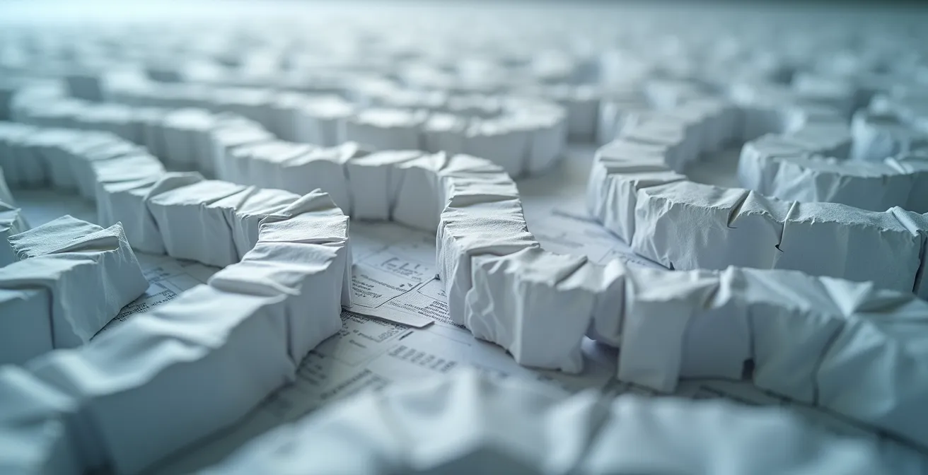 Détail macro d'un labyrinthe de papier froissé symbolisant l'errance diagnostique