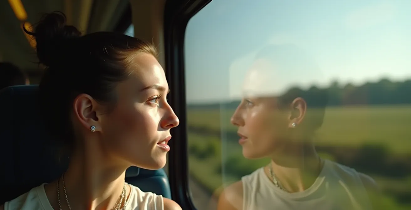 Personne en état de rêverie naturelle regardant par la fenêtre d'un train