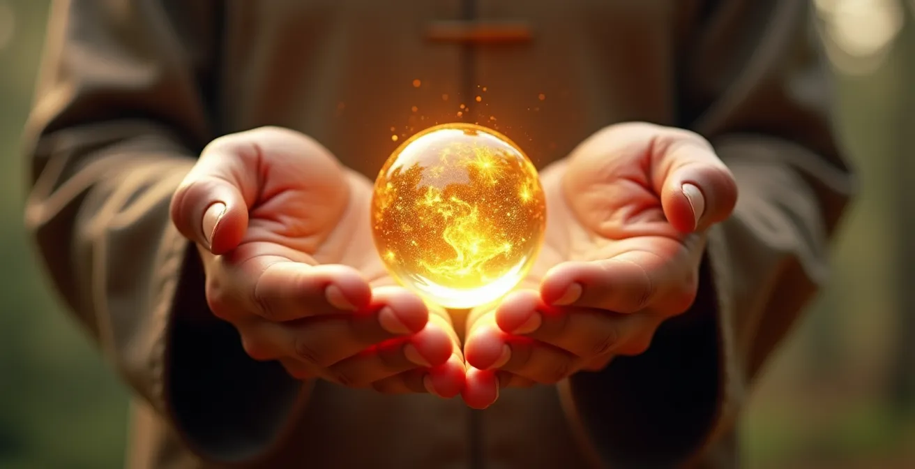 Gros plan sur des mains en position de Qi Gong avec sensation d'énergie visible