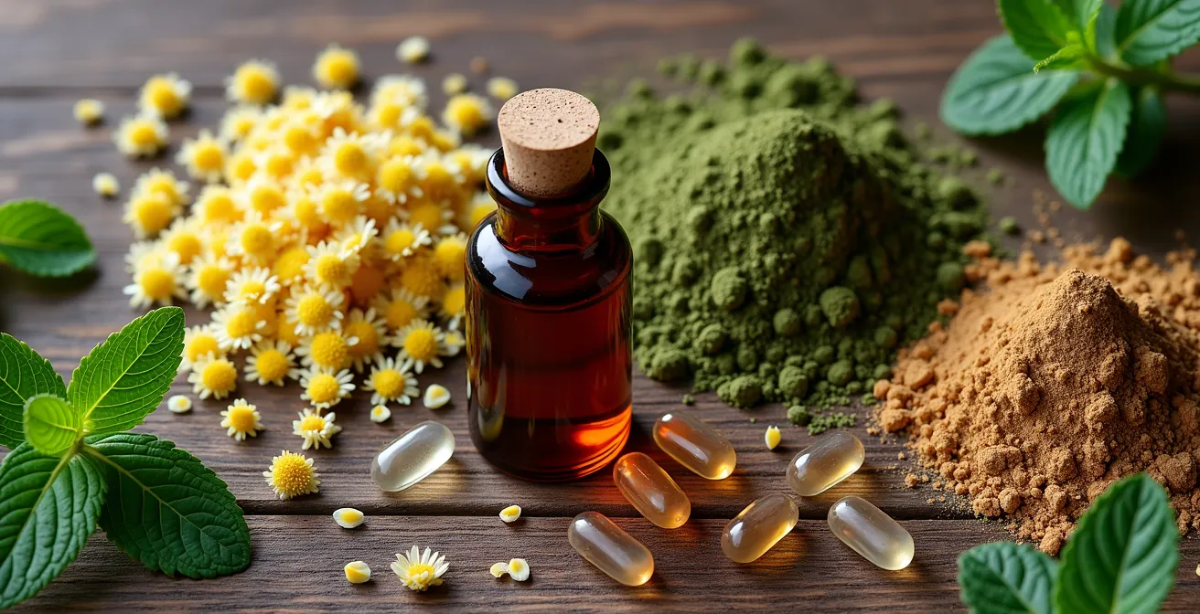 Différentes formes galéniques de plantes médicinales disposées sur une surface en bois naturel