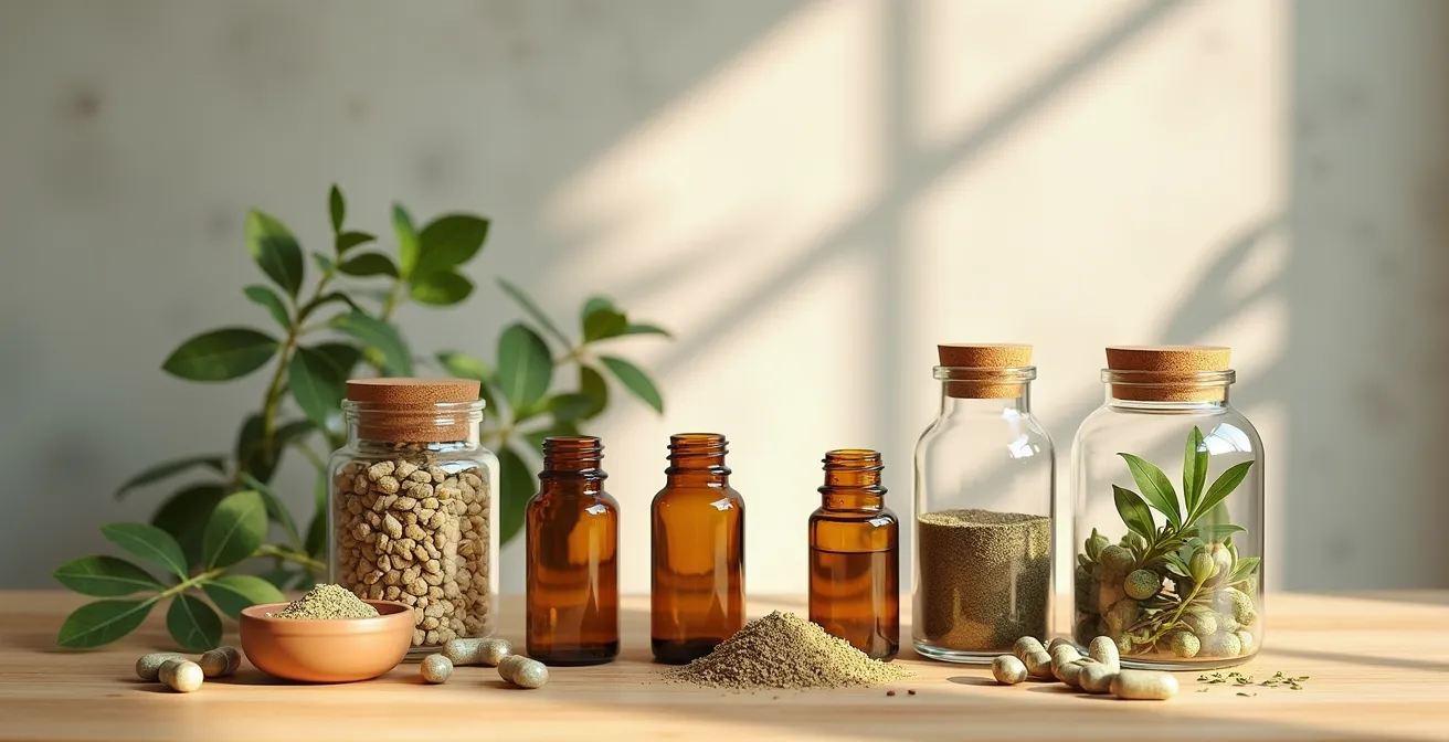 Différentes formes de préparations de plantes médicinales disposées sur une surface en bois naturel