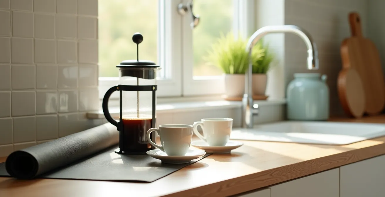 Composition minimaliste montrant l'intégration harmonieuse d'une nouvelle routine dans une journée type