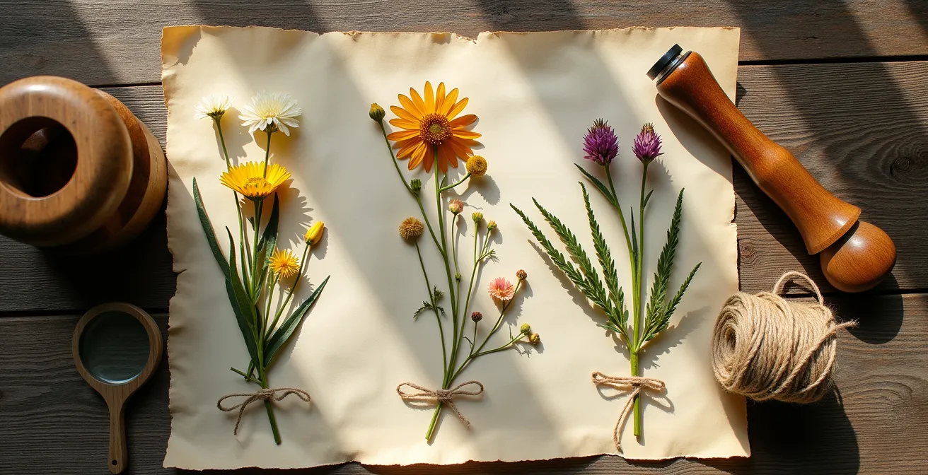 Création d'un herbier contemporain avec plantes séchées et matériel de botaniste