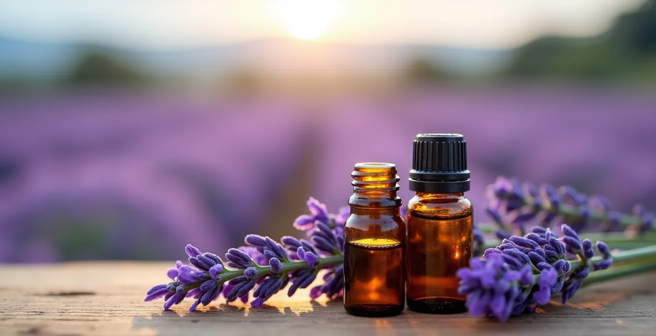 Composition macro de fleurs de lavande fraîches avec flacons d'huiles essentielles ambrés
