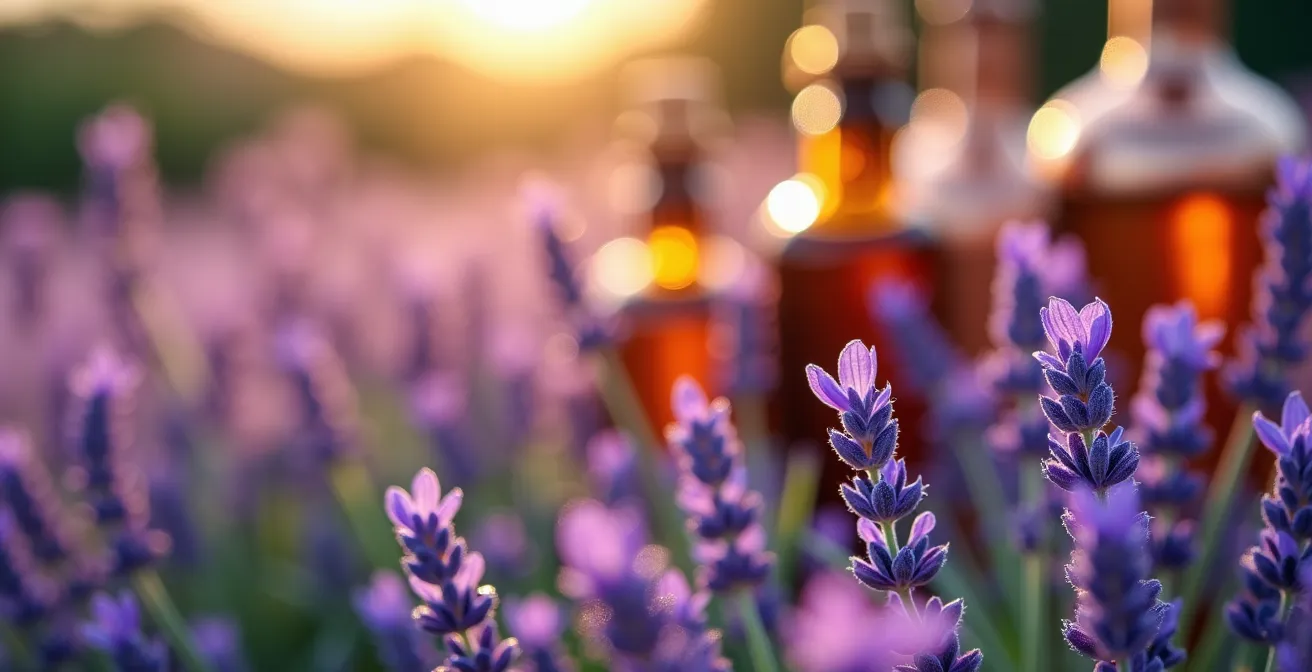 Champs de lavande de Provence avec distillerie artisanale et flacons d'huiles essentielles