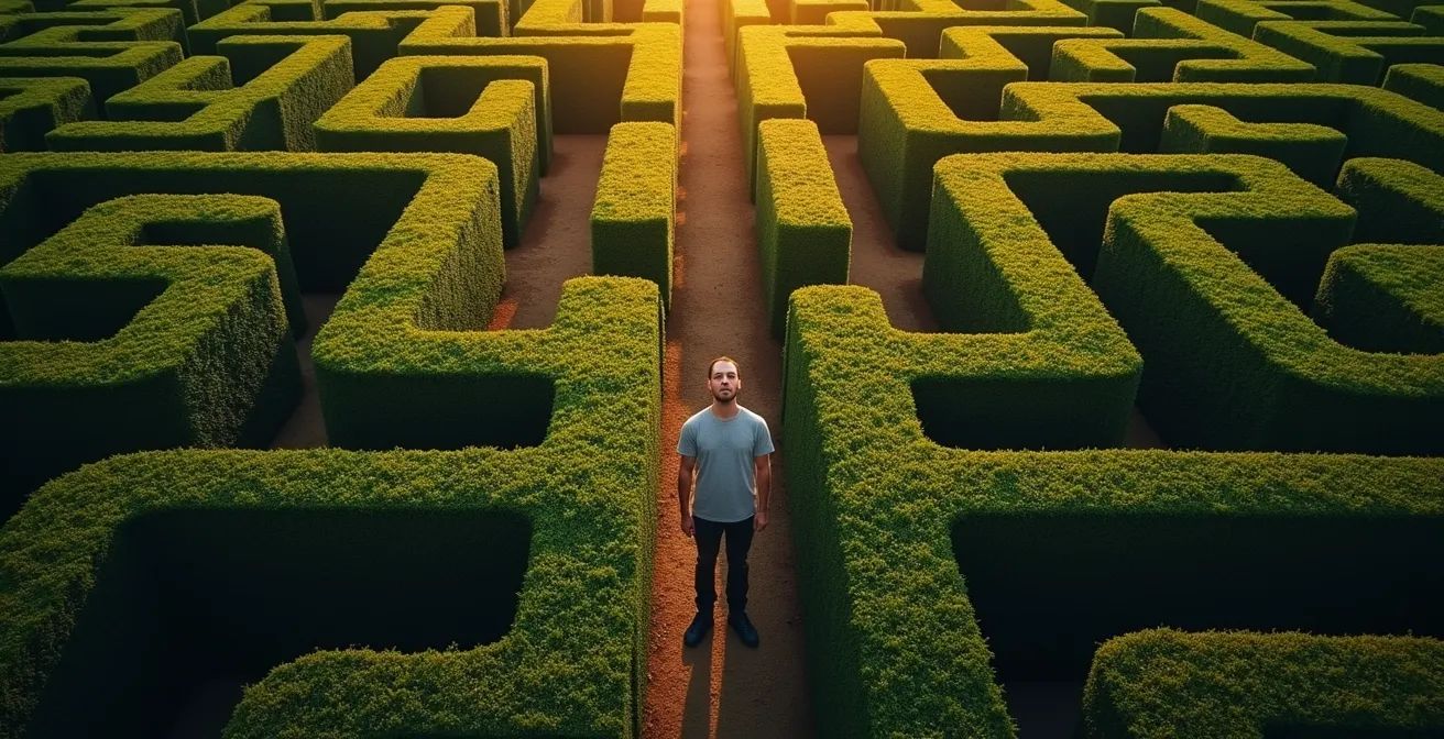 Vue aérienne d'un labyrinthe végétal avec une personne au centre trouvant son chemin vers la sortie illuminée