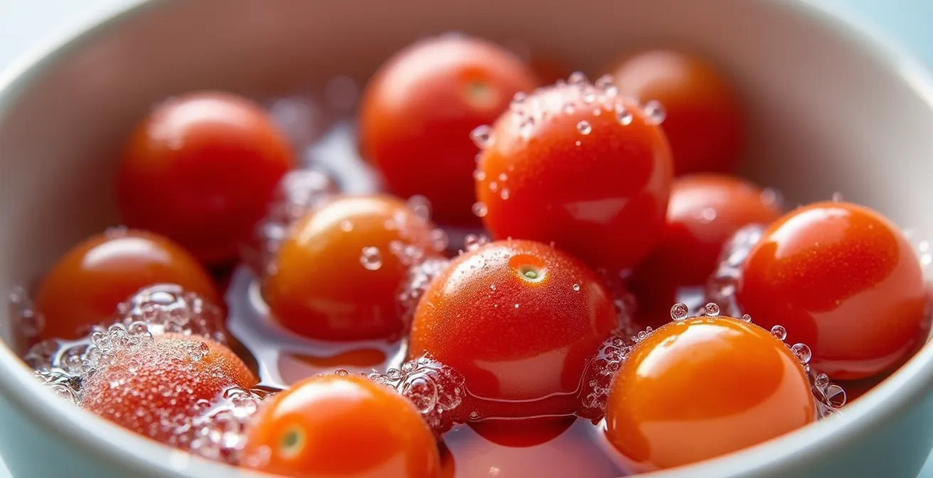 Gros plan sur des tomates cerises trempant dans une solution de bicarbonate avec des bulles visibles sur leur surface