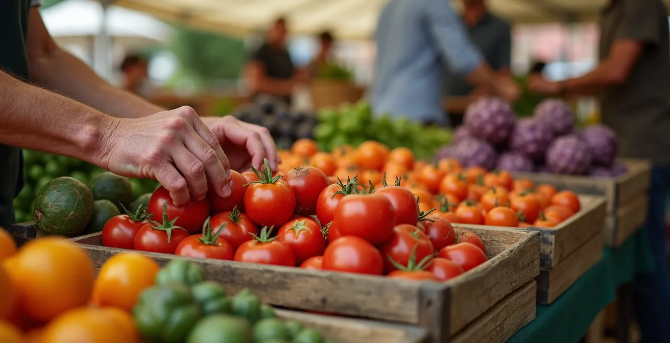 Étal de marché français avec produits bio et locaux de saison