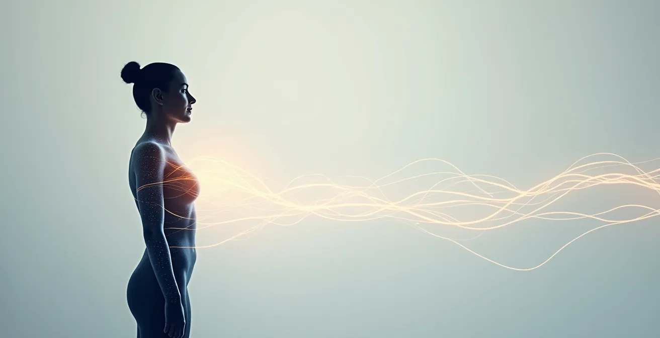 Silhouette humaine avec tracés lumineux représentant les méridiens d'acupuncture