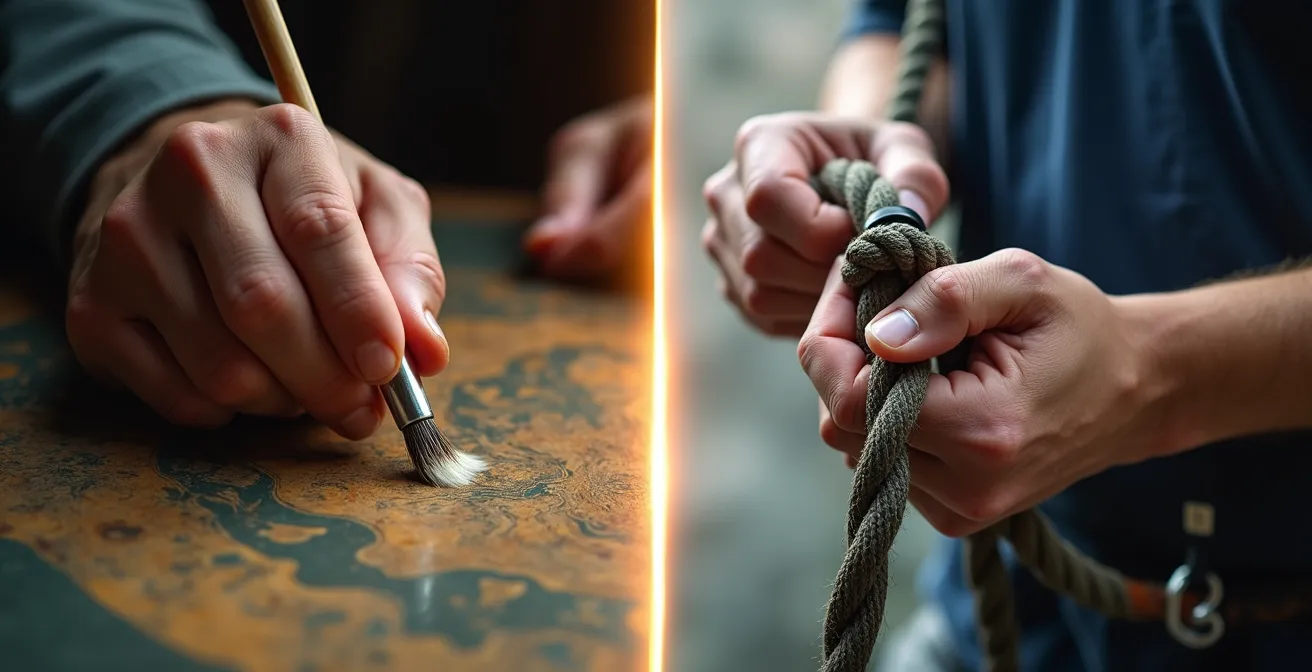 Deux mains tendues, l'une tenant un pinceau de restauration, l'autre une corde d'alpiniste, symbolisant les approches différentes du psy et du coach