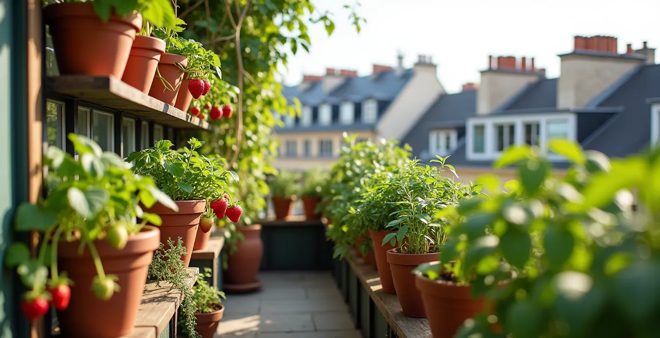 Un balcon parisien aménagé avec des jardinières suspendues, pots de terre cuite avec basilic, thym et tomates cerises, vue sur les toits de zinc