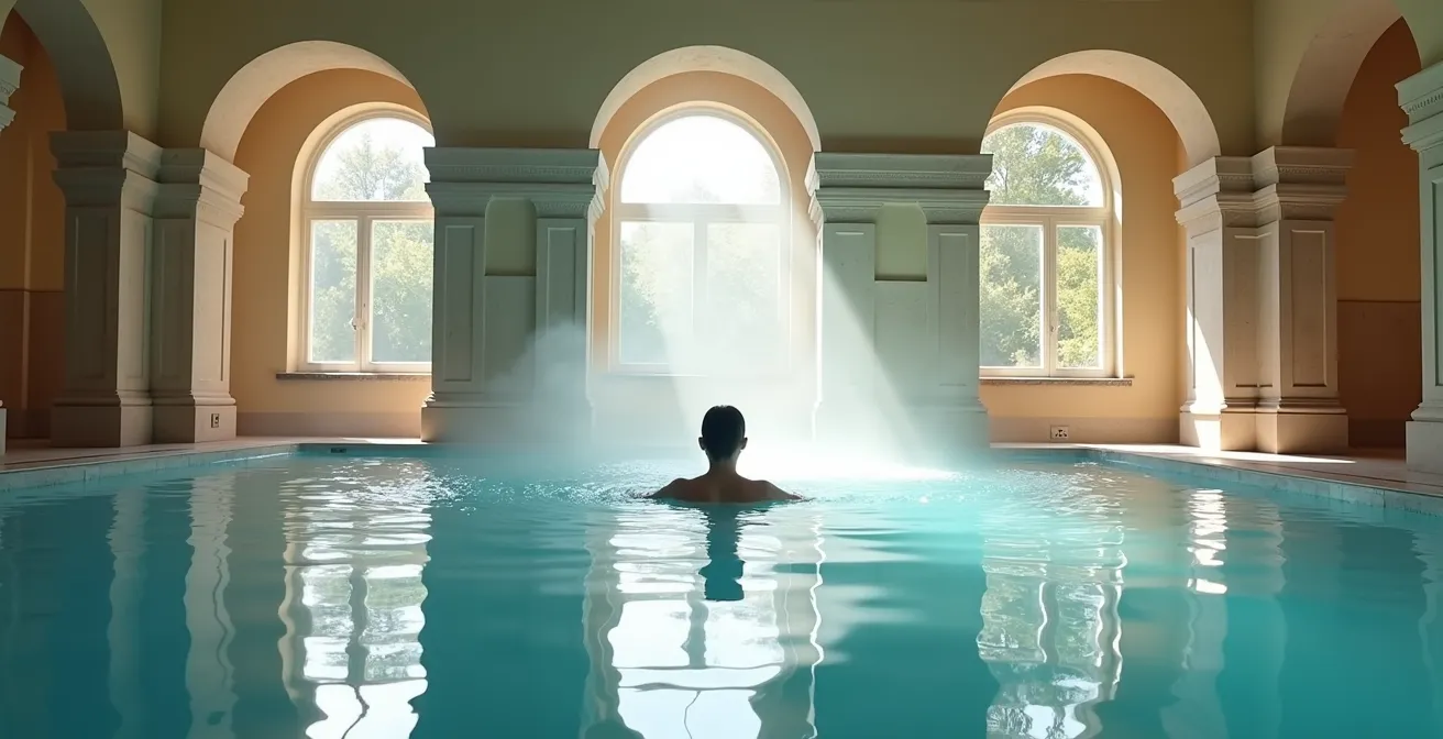 Personne pratiquant des exercices d'aquathérapie dans une piscine thermale française