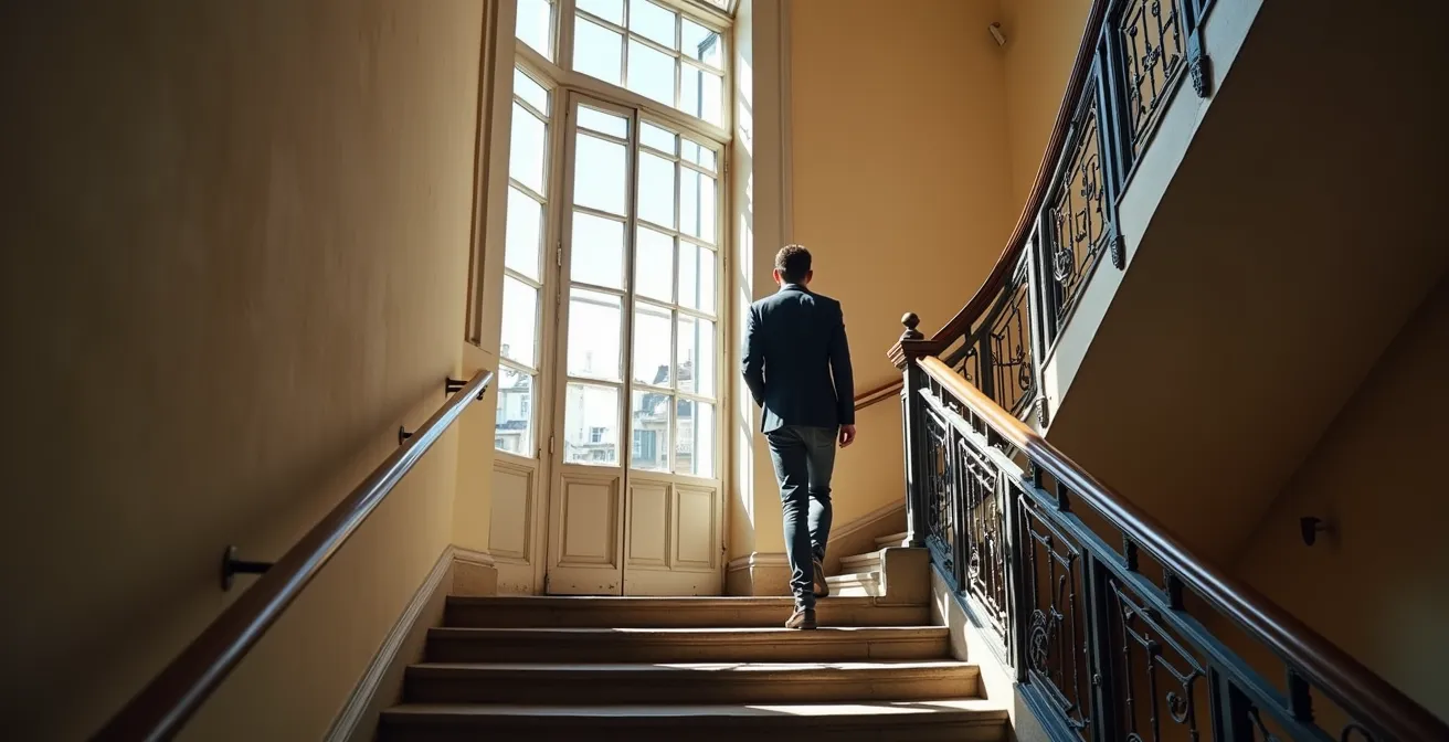 Vue grand angle d'un escalier parisien typique avec une personne montant énergiquement les marches en tenue de ville