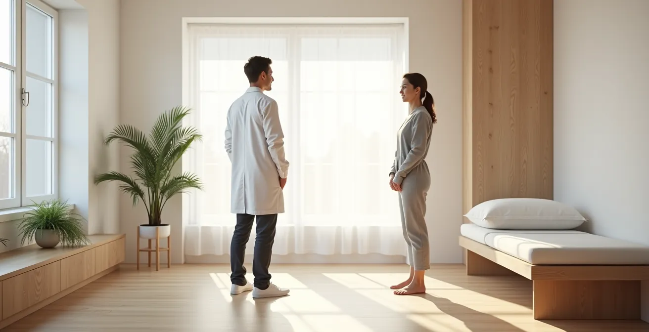 Ostéopathe évaluant la posture globale d'un patient dans un cabinet épuré