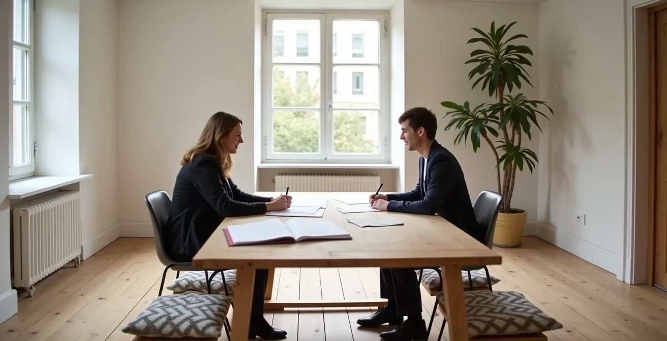 Vue large d'un espace de coaching avec coach et client travaillant ensemble sur un plan d'action