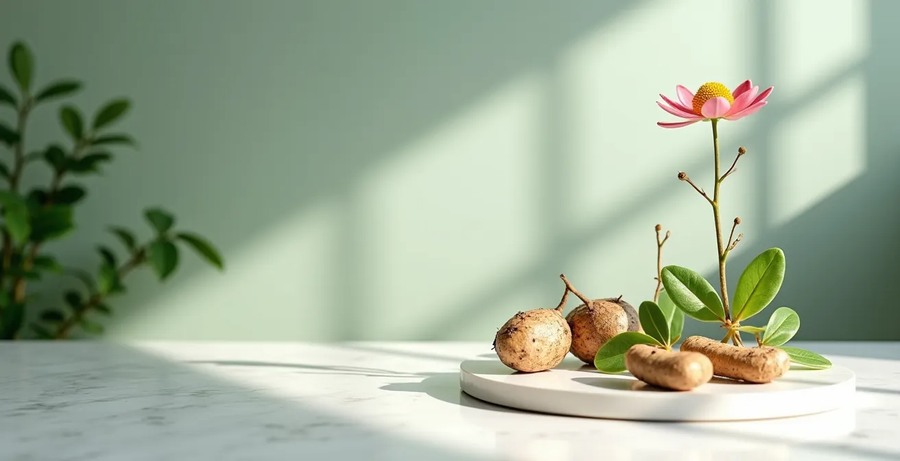 Collection de plantes adaptogènes fraîches dans un environnement naturel minimaliste