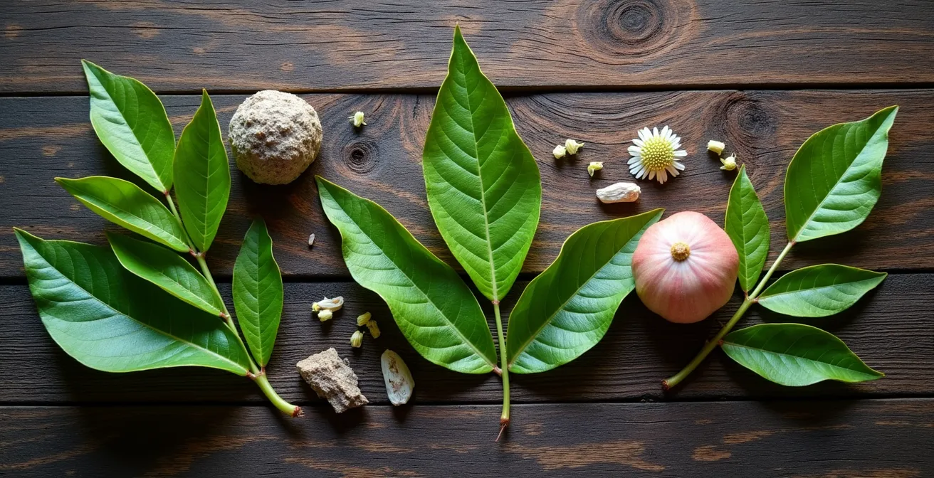 Composition artistique de plantes médicinales françaises avec feuilles de cassis, fleurs de reine-des-prés et écorce de frêne