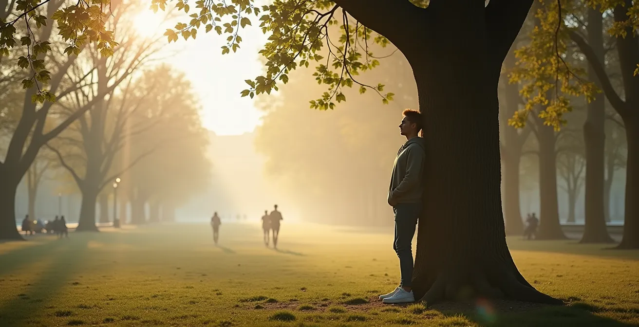 Personne pratiquant la posture de l'arbre du Qi Gong dans un parc français