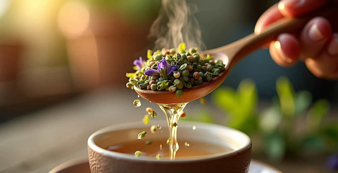 Préparation artisanale d'une infusion de plantes médicinales françaises dans une cuisine traditionnelle