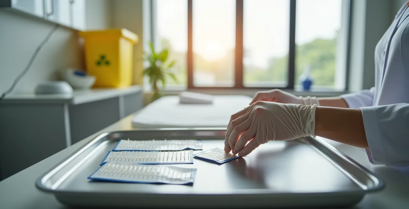 Praticien manipulant des aiguilles d'acupuncture stériles dans un cabinet médical moderne