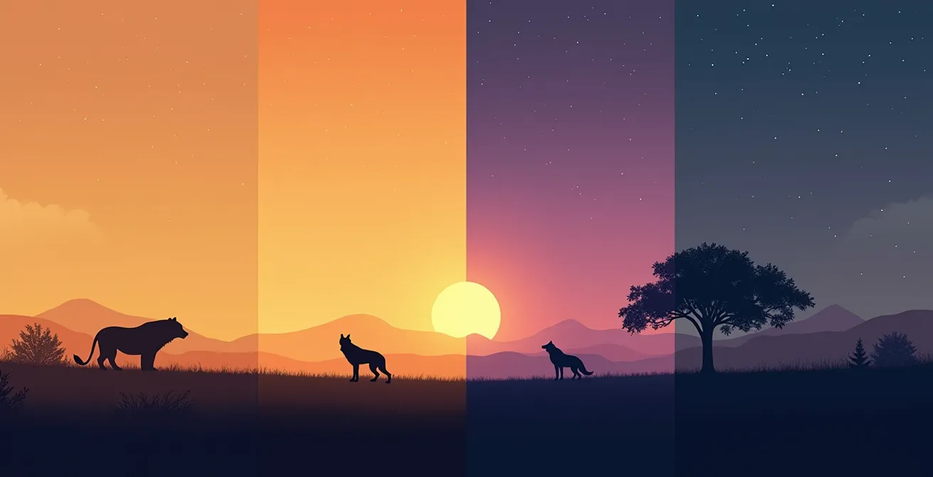 Représentation visuelle des quatre chronotypes animaux dans leur environnement naturel à différents moments de la journée