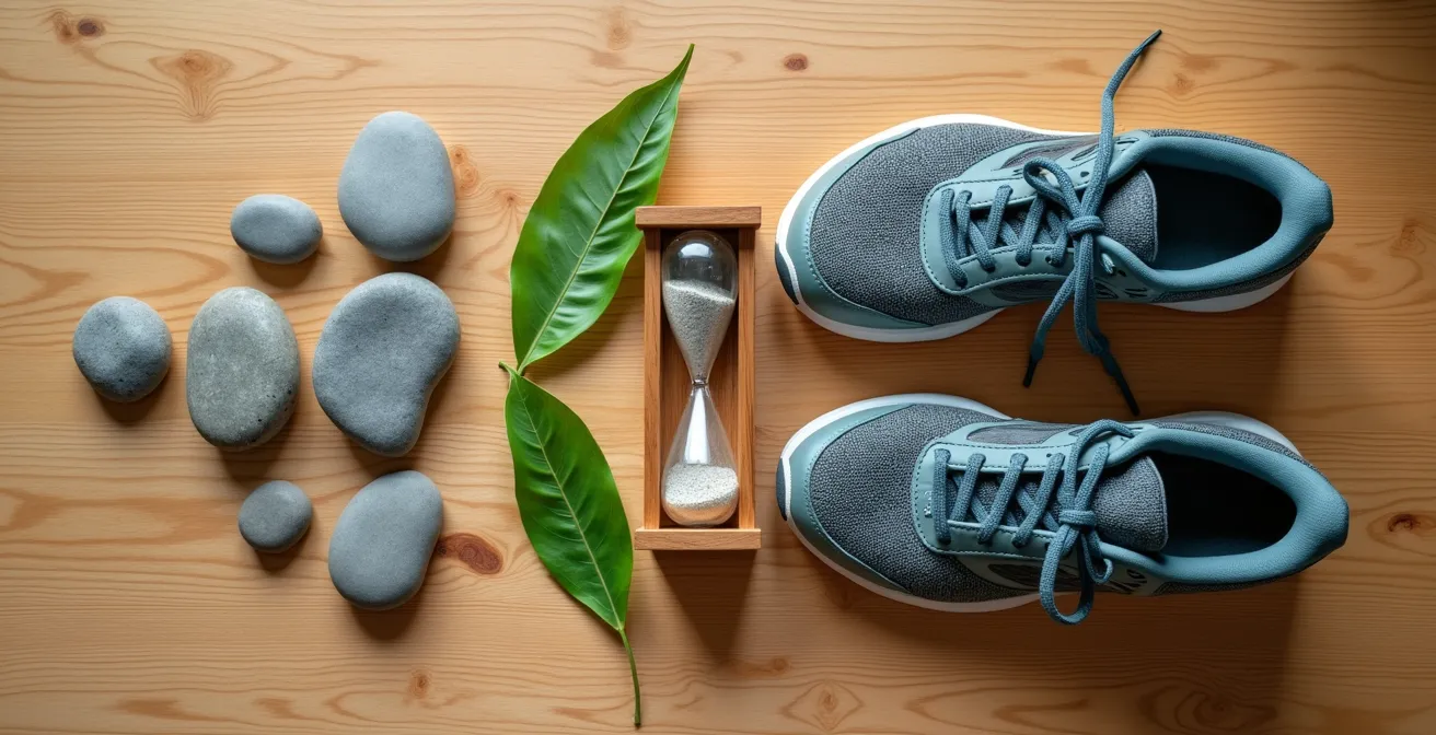 Composition symbolique montrant quatre éléments naturels en équilibre représentant les piliers de la santé holistique