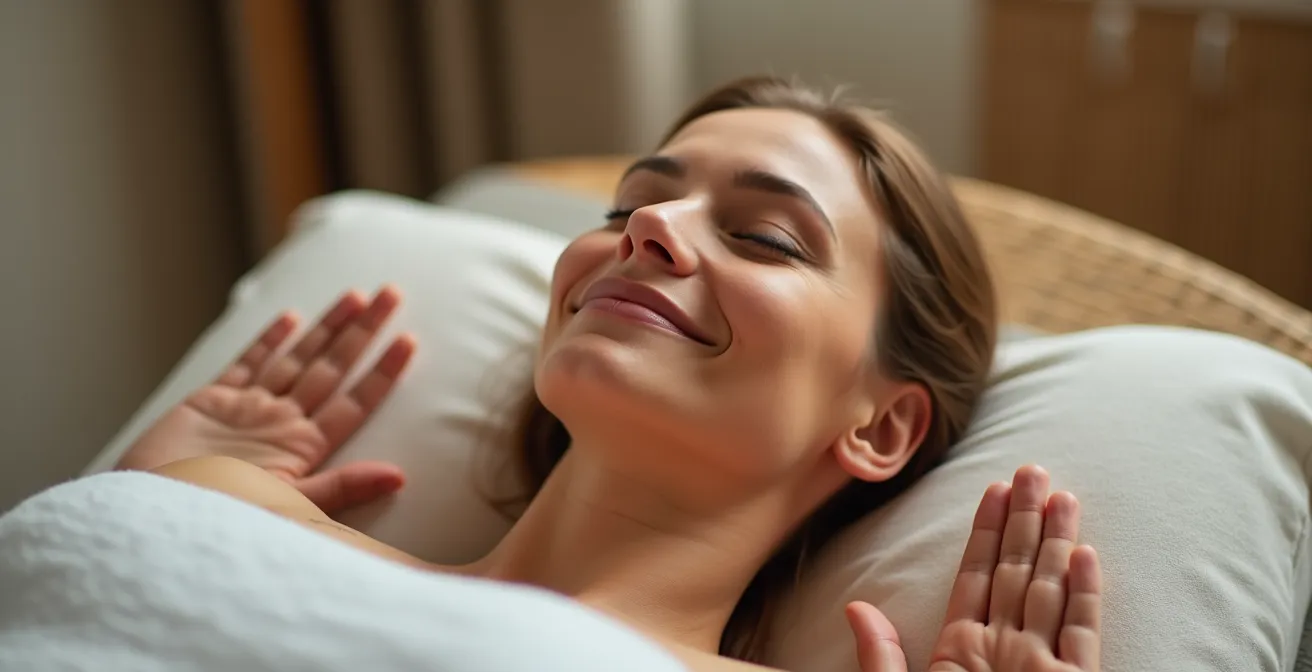 Gros plan sur une main détendue avec visualisation subtile de l'énergie circulante