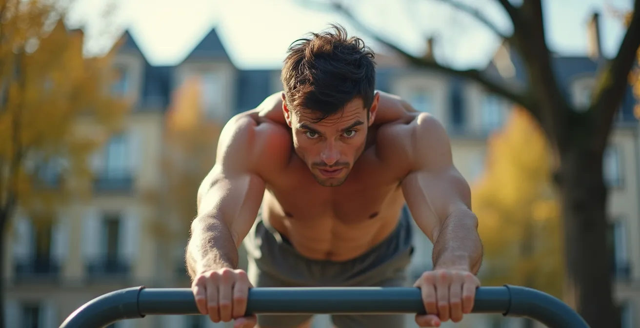Athlète réalisant une figure de street workout sur des barres parallèles dans un parc urbain français