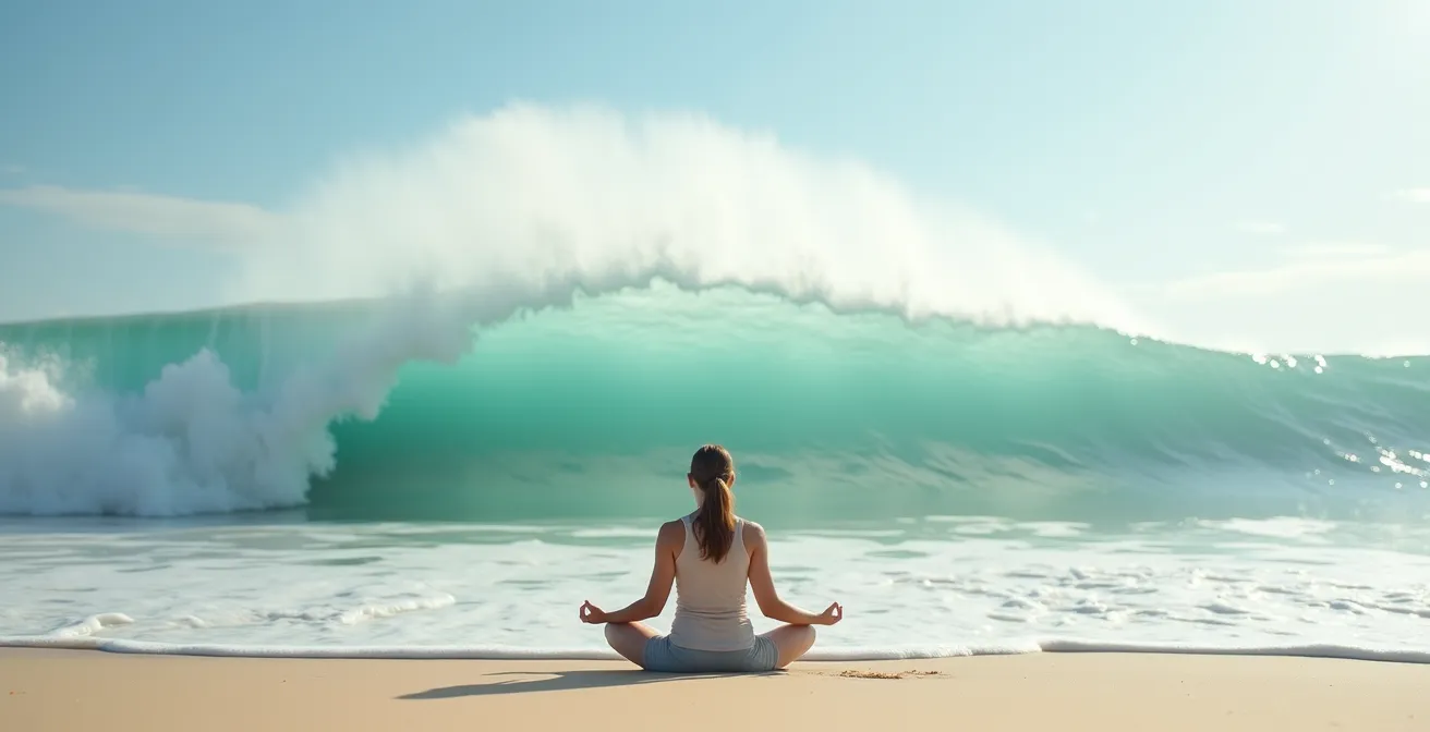 Une personne méditant face à une vague géante qui représente métaphoriquement les émotions, dans une posture sereine