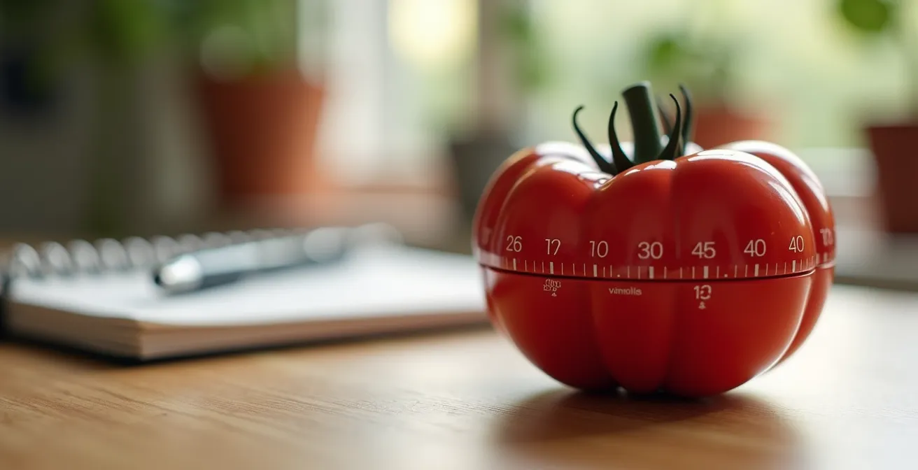 Vue macro d'un minuteur de cuisine rouge en forme de tomate posé sur un bureau épuré avec cahier et stylo