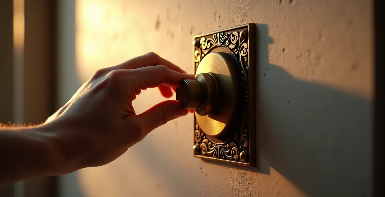 Main ajustant délicatement un variateur de lumière vintage en laiton